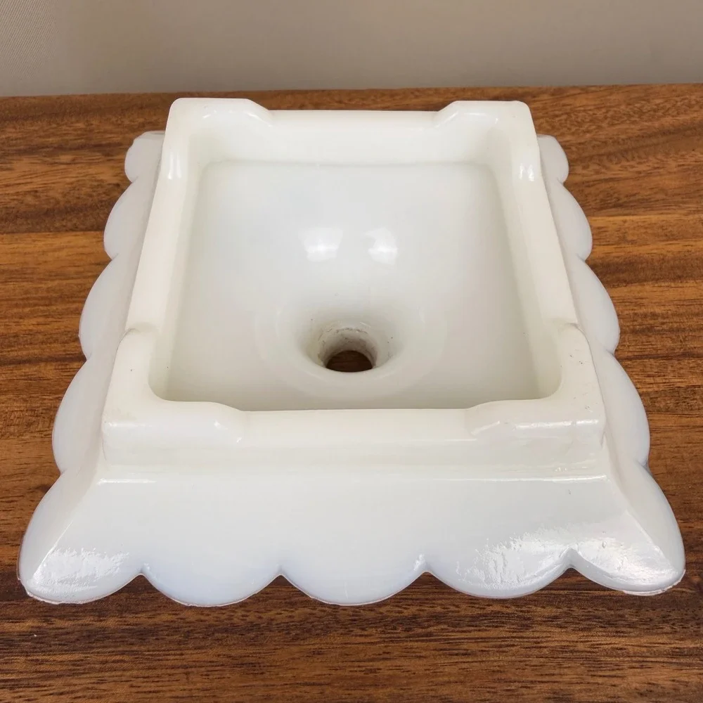 Vintage Milk Glass Hurricane Lamp Base Scalloped Square Ivy Leaf Gold Trim 7in